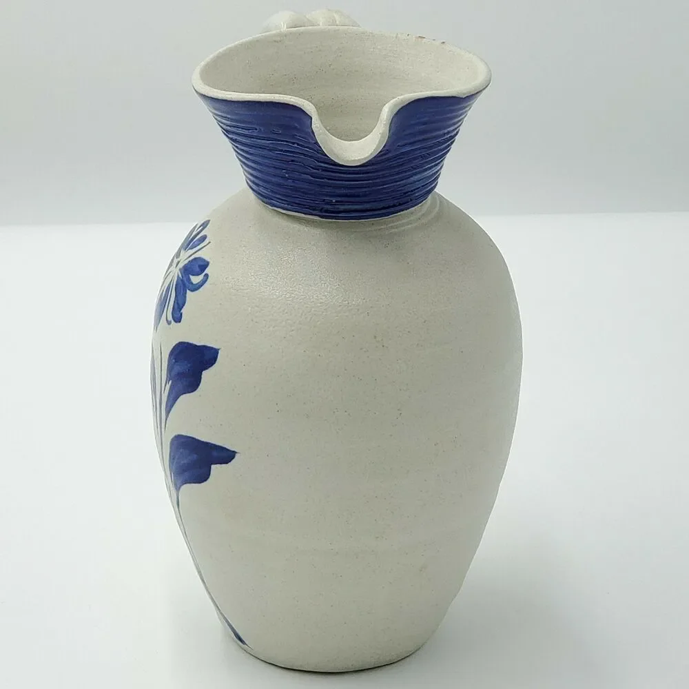 Williamsburg Pottery Country Style Pitcher Vase Cobalt Blue Flowers Stamped VTG